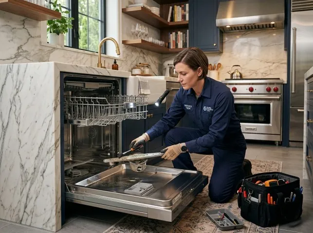Appliance Repair Hero technician servicing a built-in dishwasher in a Belle Plaine, MN kitchen