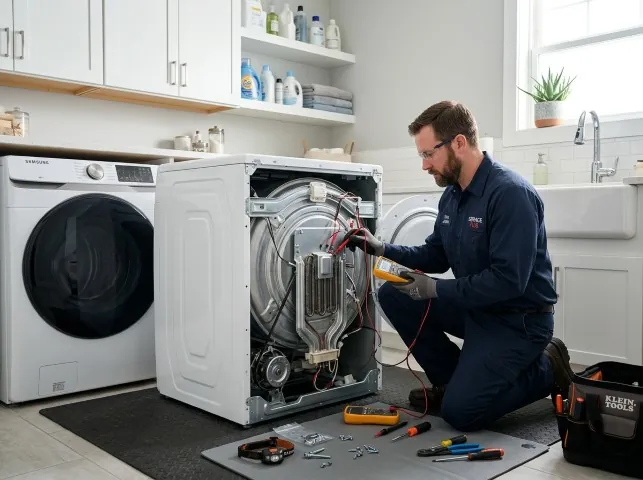 Appliance Repair Hero technician checking a dryer heating element with the rear panel off in Belle Plaine, MN